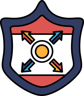 Farklı yönlere bakan dört oklu bir kalkan. Kalkan mavi ve kırmızı. Kalkan koruma ve gücün sembolüdür.