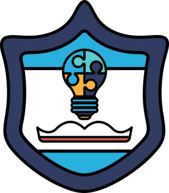 Üzerinde ampul olan mavi bir kalkan. Ampul sarıdır ve bir yapboz parçası tasarımıyla çevrilidir. Kalkan bir ampul fikrini temsil eder.