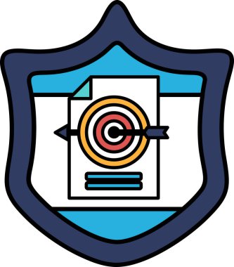 Üzerinde kağıt ve hedef olan bir kalkan. Kalkan mavi ve beyazdır.