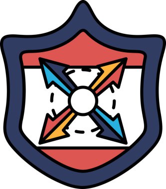 Farklı yönlere bakan dört oklu bir kalkan. Kalkan mavi ve kırmızı. Kalkan koruma ve gücün sembolüdür.