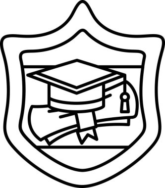 Mezuniyet şapkalı bir kalkan. Kalkan siyah beyaz. Mezuniyet şapkası bir yığın kağıdın üstünde.