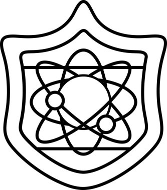 Siyah arka planı olan bir kalkan ve içinde iki küçük daire olan beyaz bir daire. Kalkan bir koruma sembolüdür ve çember bir atomun çekirdeğini temsil eder.