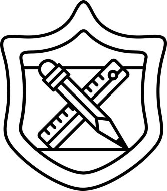 Üzerinde kalem ve cetvel olan bir kalkan. Kalkan siyah beyaz. Kalem ve cetvel birbirine geçmiş.