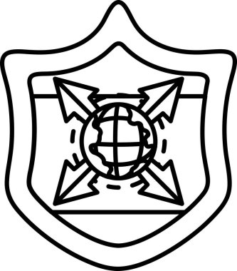 Üzerinde ok ve küre olan bir kalkan. Kalkan siyah beyaz. Kalkan koruma ve gücün sembolüdür.