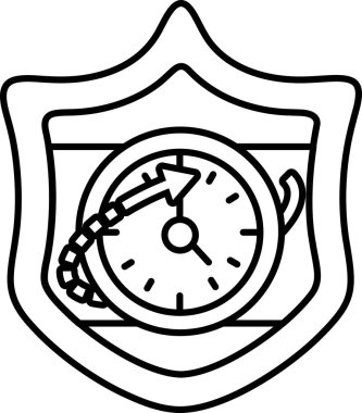 12 numarayı gösteren oklu siyah beyaz bir saat çizimi. Saat bir kalkanla çevrili ve kalkan da siyah ve beyaz.