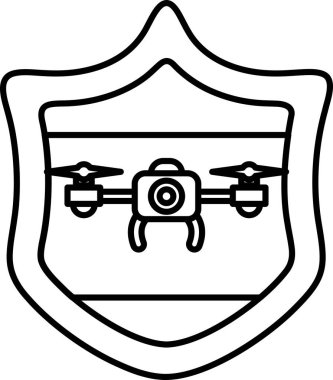 Üzerinde kamera olan bir dronun siyah beyaz çizimi. İnsansız hava aracı bir kalkanla çevrili.