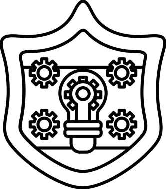 Üzerinde ampul olan bir kalkan. Kalkan siyah beyaz. Ampul dişlilerle çevrili.