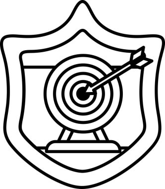 Üzerinde hedef olan bir kalkan. Kalkan siyah beyaz. Hedef, hedefini gösteren oklu bir hedef.