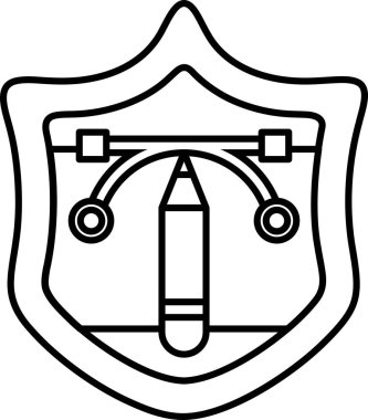 Kırmızı ucu ve siyah silgisi olan siyah beyaz bir kalem çizimi. Kalem bir kalkanla çevrili ve kalkan bir çemberle çevrili.