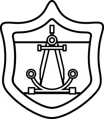 Üzerinde pusula ve çapa olan bir kalkan. Kalkan siyah beyaz. Pusula sağ tarafı gösteriyor.