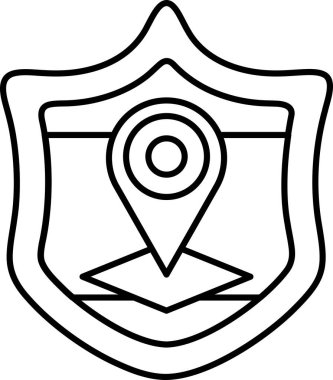 Üzerinde harita ve iğne olan bir kalkan. Kalkan siyah beyaz. Kalkan bir koruma ve güvenlik sembolüdür.