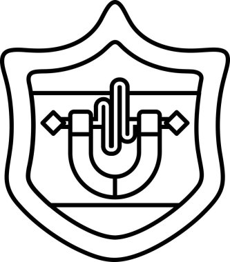 Üzerinde mıknatıs olan siyah beyaz bir kalkan çizimi. Mıknatıs kalkanın ortasında ve dört okla çevrili.