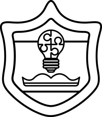 Üzerinde ampul olan bir kalkan. Kalkan siyah beyaz. Ampul bilginin ve öğrenmenin sembolüdür.