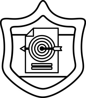 Üzerinde kağıt ve hedef olan bir kalkan. Kalkan siyah beyaz. Kalkan bir koruma sembolüdür ve kağıt ve hedef bir amaç ya da amaç temsil eder.