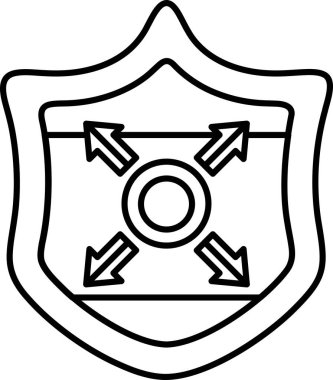 Ortasını gösteren dört oklu bir kalkan. Kalkan siyah beyaz. Kalkan koruma ve gücün sembolüdür.