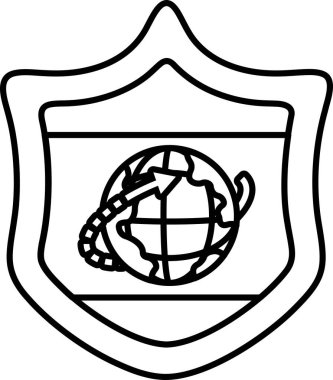 Üzerinde küre olan bir kalkan. Küre farklı yönleri gösteren oklarla çevrilidir. Kalkan siyah ve beyaz.