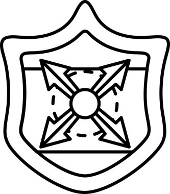 Farklı yönlere bakan dört oklu bir kalkan. Kalkan siyah beyaz. Kalkan koruma ve gücün sembolüdür.