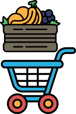 Bir sepet dolusu meyveli mavi bir alışveriş arabası. Araba boş.