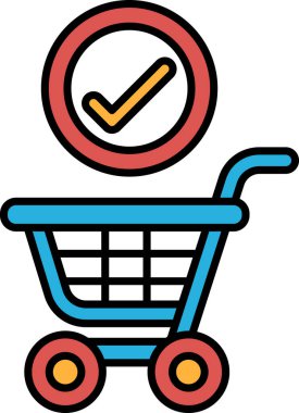 Üzerinde kırmızı ve sarı işaret olan bir alışveriş arabası. Araba mavi ve kırmızı saplı.