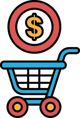 Üzerinde kırmızı daire ve dolar işareti olan mavi bir alışveriş arabası. Basitlik ve minimalizm kavramı