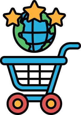 Üzerinde küre ve üç yıldız olan mavi bir alışveriş arabası. Araç eşyalarla dolu ve kullanılmaya hazır.