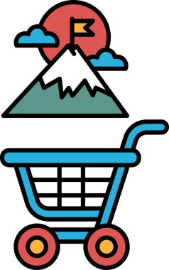 Dağın tepesinde tekerlekleri ve bayrağı olan mavi bir alışveriş arabası. Bayrak kırmızı ve beyaz.
