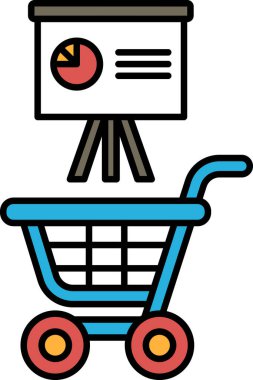 Üzerinde beyaz arka plan ve kırmızı pasta çizelgesi olan mavi bir alışveriş arabası. Pasta grafiği dört dilime ayrılır ve en büyük dilim grafiğin neredeyse yarısını kaplar.