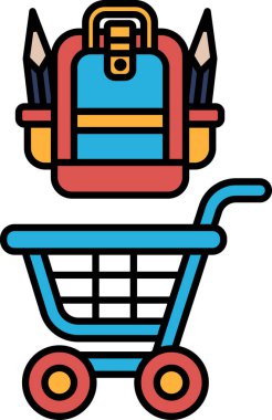 Üstünde kırmızı saplı ve mavi bir çanta olan mavi bir alışveriş arabası. Çantanın içinde kalemler ve bir sırt çantası var.