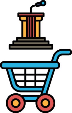 Üstünde mikrofon ve podyum olan mavi bir alışveriş arabası. Podyum merdivenlerin üstünde.