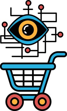 Üzerinde büyük bir göz olan mavi bir alışveriş arabası. Göz kırmızı ve sarı bir daire ile çevrilidir.