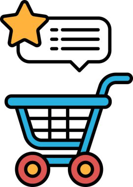 Üzerinde yıldız olan bir alışveriş arabası ve konuşma balonu. Alışveriş arabası mavi ve tekerlekleri var.