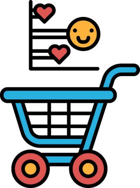 Üzerinde gülen yüz ve kalp olan mavi bir alışveriş arabası. Araba eşyalarla dolu ve kullanılmaya hazır.