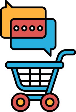 Üzerinde konuşma balonu olan mavi bir alışveriş arabası. Araba boş.