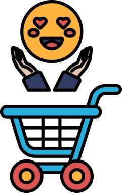 Arka planda alışveriş arabasıyla uzanan kalbi ve iki eli olan gülümseyen bir yüz karikatürü.