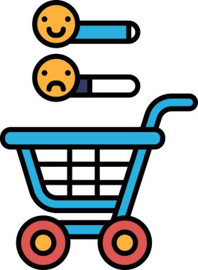 Solunda gülen surat, sağında somurtan surat olan mavi bir alışveriş arabası.