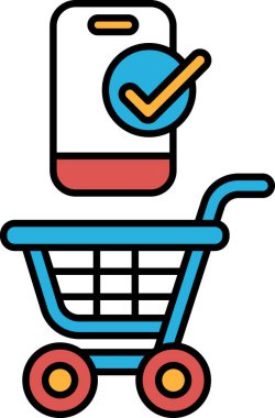 Üzerinde çek işareti olan bir alışveriş arabası. Araba mavi ve kırmızı.