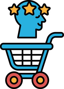 Üzerinde yıldız resmi olan mavi bir alışveriş arabası. Baş gülümsüyor ve yıldızlar parlıyor. Olumlu ve mutluluk kavramı