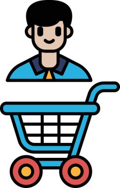 Bir adam gülümsüyor ve elinde alışveriş arabası tutuyor. Araba mavi ve kırmızı tekerleği var.