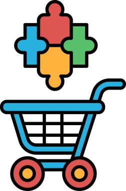 Üzerinde yapboz parçası olan mavi bir alışveriş arabası. Yapboz parçası dört farklı renkli parçadan oluşuyor.