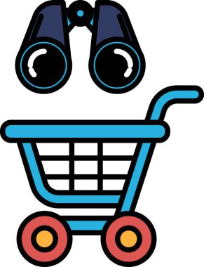 Üstünde bir çift dürbün olan mavi bir alışveriş arabası. Dürbün sol tarafı gösteriyor.