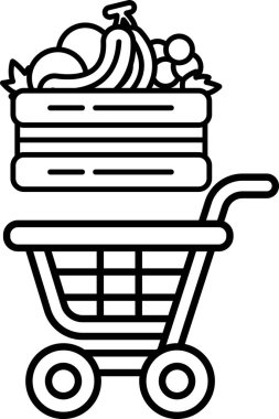 Bir sepet dolusu meyve ve sebzeli alışveriş arabasının siyah beyaz görüntüsü. Tazelik ve sağlık kavramının yanı sıra besleyici gıda alışverişi fikri