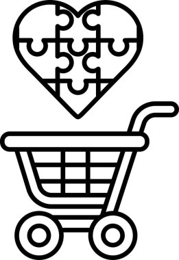 Üzerinde kalp olan bir alışveriş arabasının siyah beyaz görüntüsü. Kalp yapboz parçalarıyla çevrili. Bu da alışveriş arabasının bir bulmacayı birleştirmek için bir metafor olduğunu gösteriyor.