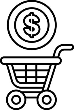 Üzerinde dolar işareti olan bir alışveriş arabasının siyah beyaz görüntüsü. Dolar işareti bir çemberle çevrili.