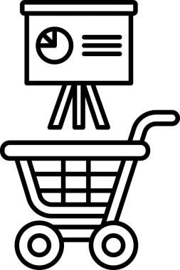 Arkasında beyaz tahta olan bir alışveriş arabasının siyah beyaz görüntüsü. Kurulun üzerinde pasta çizelgesi var.
