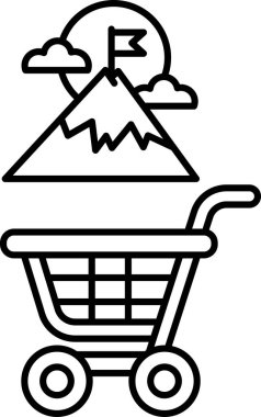 Arkasında dağ olan bir alışveriş arabasının siyah beyaz görüntüsü. Dağ bir meydan okuma ya da ulaşılması gereken bir hedefin sembolüdür.