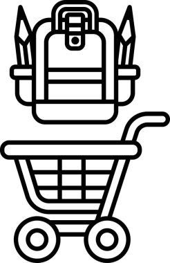 Üstünde sırt çantası olan bir alışveriş arabasının siyah beyaz çizimi. Çanta okul malzemeleriyle dolu.