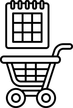Bir alışveriş arabası ve takvimin siyah beyaz görüntüsü. El arabası boş ve takvim duvarda.