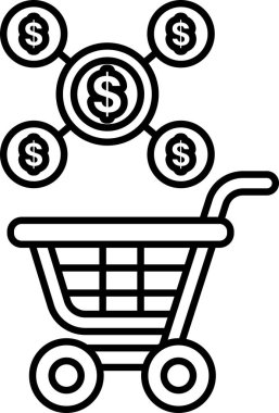 Üzerinde dolar işareti olan bir alışveriş arabasının siyah beyaz görüntüsü. Dolar işareti dört dolar işareti ile çevrili, para ağı oluşturuyor.
