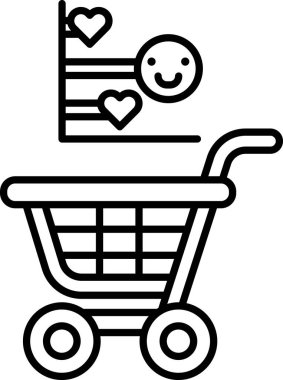 Üzerinde gülen bir yüz olan bir alışveriş arabasının siyah beyaz görüntüsü. Araba bir dizi kalple çevrili. Bu da olumlu ve mutlu bir atmosfer olduğunu gösteriyor.