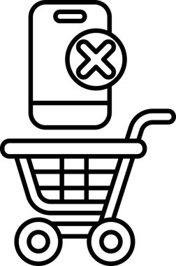 İçinde telefon olan bir alışveriş arabasının siyah beyaz görüntüsü. Telefonun üzerinde X harfi var, bu da kullanılmadığını gösteriyor. Alışveriş arabası boş.